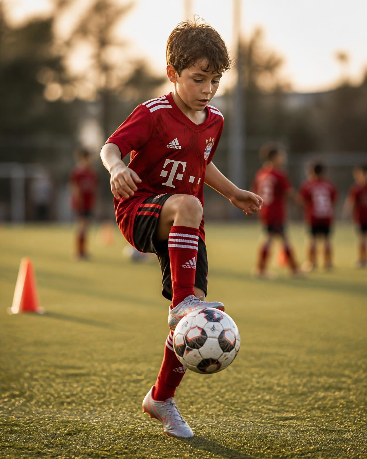 Young player controlling a football at golden hour