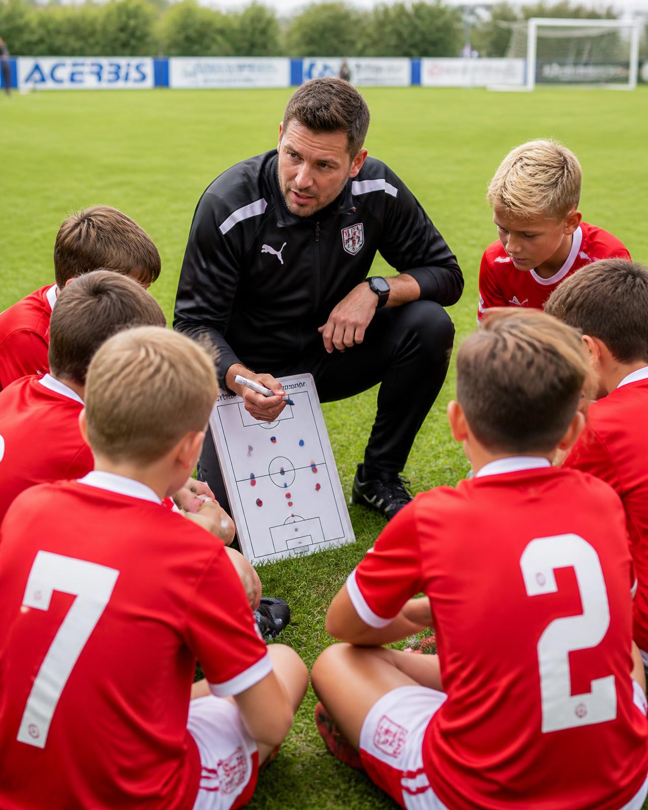 Coach briefing a huddle of young players on the pitch